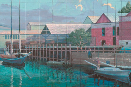 This is a partial view of a mural on Main Street in Napa, California, which evokes memories of the harbor as it was in Napa in the 1800s. The mural is signed by Steve Della Maggiora and Susan Clifford and is dated the summer of 1994.
