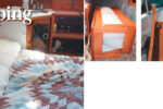 Michael and Mary Ann appreciate the luxurious bed, shown on facing page, which they created in the main cabin of their Com-Pac 25. The bedding stows inside the frame, above left, and the whole unit is slid into the quarter berth. The construction of the frame, above center, and the frame installed in the cabin, above right. It just so happens that the two settee cushions, when rotated 90 degrees, fill the athwartship space perfectly.