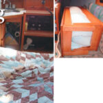 Michael and Mary Ann appreciate the luxurious bed, shown on facing page, which they created in the main cabin of their Com-Pac 25. The bedding stows inside the frame, above left, and the whole unit is slid into the quarter berth. The construction of the frame, above center, and the frame installed in the cabin, above right. It just so happens that the two settee cushions, when rotated 90 degrees, fill the athwartship space perfectly.