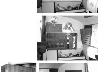 The bulkhead at the companionway on Ed’s boat had room for shelving, so he added two units in the galley area to port. Top and center photos show the area without and with shelves. The starboard bulkhead received similar treatment, at bottom. The keyhole brackets that made removal possible, above.