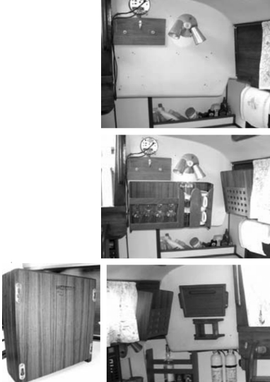 The bulkhead at the companionway on Ed’s boat had room for shelving, so he added two units in the galley area to port. Top and center photos show the area without and with shelves. The starboard bulkhead received similar treatment, at bottom. The keyhole brackets that made removal possible, above.
