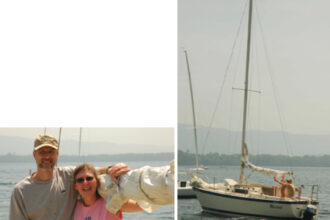 Bob and Cheryl Yagelski, facing page, getting ready to re-christen Mistral, below, on Lake George, New York.