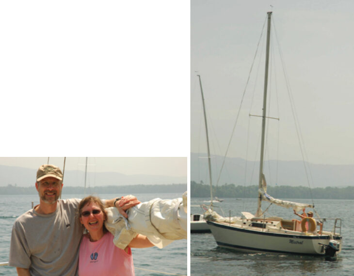 Bob and Cheryl Yagelski, facing page, getting ready to re-christen Mistral, below, on Lake George, New York.