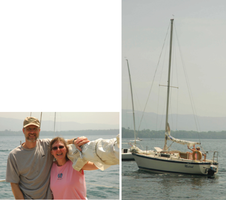 Bob and Cheryl Yagelski, facing page, getting ready to re-christen Mistral, below, on Lake George, New York.