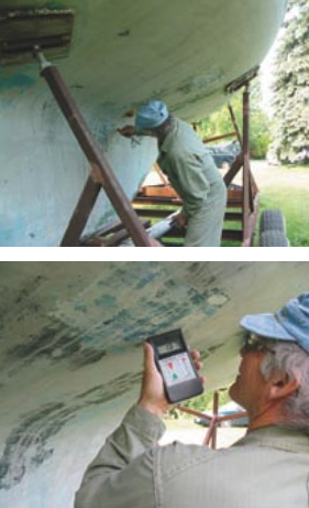 During an out-of-the-water survey, the surveyor is able to check the hull for blisters and moisture content. In these photos Bruce Sodervick is sounding the hull and checking a moisture meter as part of a condition-and-value survey for a boatowner.