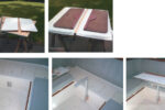 Tom was dissatisfied with the dinette table center post on his C&C 35. You couldn’t put things under the table, and the post was greasy and difficult to stow when the table was converted into a bed. He devised a clever elbow configuration to eliminate the original support and made the two-piece table fold up (no swing-down panels here) to take up less space when not needed. The old center post with the new two-part table, at right. A view of the new table bottom, far right. On facing page, simple brackets, at left, are through-bolted to the wall of the settee near the floor. The elbow is fitted, center, and the table attached, at right. The new table maximizes cabin space by remaining folded in half most of the time, even when a small crew needs a convenient lunch counter.