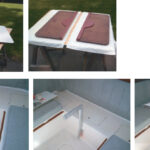 Tom was dissatisfied with the dinette table center post on his C&C 35. You couldn’t put things under the table, and the post was greasy and difficult to stow when the table was converted into a bed. He devised a clever elbow configuration to eliminate the original support and made the two-piece table fold up (no swing-down panels here) to take up less space when not needed. The old center post with the new two-part table, at right. A view of the new table bottom, far right. On facing page, simple brackets, at left, are through-bolted to the wall of the settee near the floor. The elbow is fitted, center, and the table attached, at right. The new table maximizes cabin space by remaining folded in half most of the time, even when a small crew needs a convenient lunch counter.