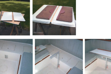 Tom was dissatisfied with the dinette table center post on his C&C 35. You couldn’t put things under the table, and the post was greasy and difficult to stow when the table was converted into a bed. He devised a clever elbow configuration to eliminate the original support and made the two-piece table fold up (no swing-down panels here) to take up less space when not needed. The old center post with the new two-part table, at right. A view of the new table bottom, far right. On facing page, simple brackets, at left, are through-bolted to the wall of the settee near the floor. The elbow is fitted, center, and the table attached, at right. The new table maximizes cabin space by remaining folded in half most of the time, even when a small crew needs a convenient lunch counter.