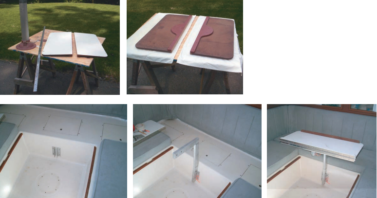 Tom was dissatisfied with the dinette table center post on his C&C 35. You couldn’t put things under the table, and the post was greasy and difficult to stow when the table was converted into a bed. He devised a clever elbow configuration to eliminate the original support and made the two-piece table fold up (no swing-down panels here) to take up less space when not needed. The old center post with the new two-part table, at right. A view of the new table bottom, far right. On facing page, simple brackets, at left, are through-bolted to the wall of the settee near the floor. The elbow is fitted, center, and the table attached, at right. The new table maximizes cabin space by remaining folded in half most of the time, even when a small crew needs a convenient lunch counter.