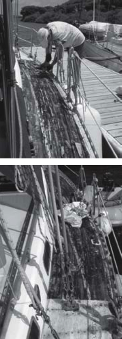 Doug removes the last piece of teak, at top. The tar bedding, at right, was removed with diesel fuel.