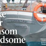 With her traditional lines and stern nameboard, Libertad, Carl Wood’s Downeaster 38, adds charm to the Thunder Bay, Ontario, waterfront.