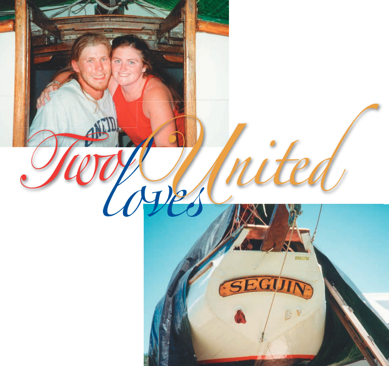 A picture of the boat Seguin and a picture of Katie and Justin