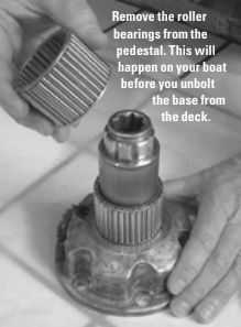 Remove the roller bearings from the pedestal. This will happen on your boat before you unbolt the base from the deck.