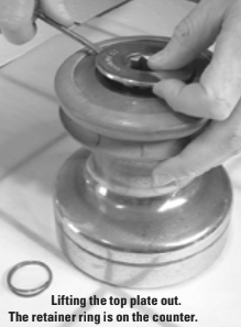 Lifting the top plate out. The retainer ring is on the counter.