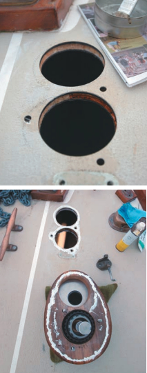 Once all the decisions have been made, it’s time to cut holes in the boat, above, and install the equipment, below. The aft hole is for the motor shaft. The forward hole is where the chain will pass through for storage below.