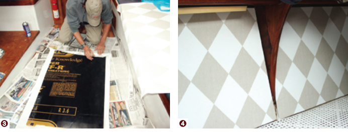 When the adhesive has set up, Dave folds the fabric covering over the Celotex, (3). The finished V-berth panels, (4).