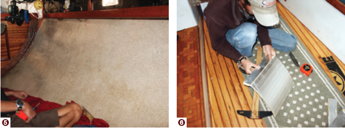 The aft cabin before the insulation treatment, (5). Dave snaps the Celotex to form a curved shape, (6).