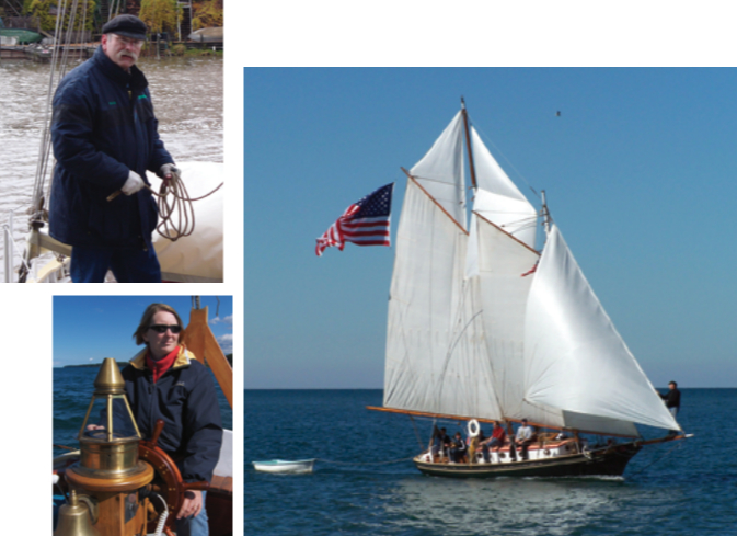 Nick Alexander, above, and Amanda Alexander, below, have become the caretakers of Liberty, the 35-foot wooden schooner on facing page.