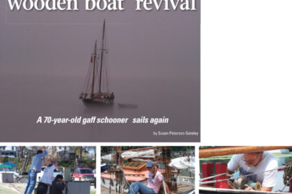 Just another foggy day in paradise, above. It takes two men and a boy to adjust the headstay on a big schooner, right: Nick; his son, Ray; and friend and dockhand, Ed. Daughter Stephanie relaxes aboard after a long sail to a wooden boat festival, center. Nick polishes a bronze windlass, far right.