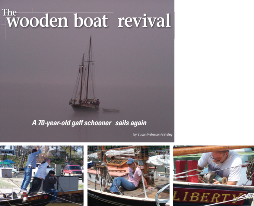 Just another foggy day in paradise, above. It takes two men and a boy to adjust the headstay on a big schooner, right: Nick; his son, Ray; and friend and dockhand, Ed. Daughter Stephanie relaxes aboard after a long sail to a wooden boat festival, center. Nick polishes a bronze windlass, far right.