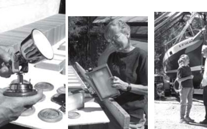 Alpenglow’s reading lamp, above. Marie holds a completed cabin light, at right, while others await their turn on the sunning table. Company co-founders and sailors, Bob and Marie Stoeckley, on facing page with their Kent Ranger.