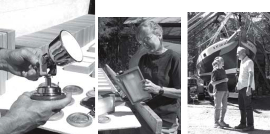 Alpenglow’s reading lamp, above. Marie holds a completed cabin light, at right, while others await their turn on the sunning table. Company co-founders and sailors, Bob and Marie Stoeckley, on facing page with their Kent Ranger.