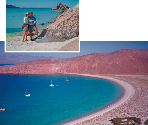 Roger and Bette Ross enjoy the Sea of Cortez at right. Below, Maho Blues anchored at Isla San Francisco, a day’s sail north of La Paz.