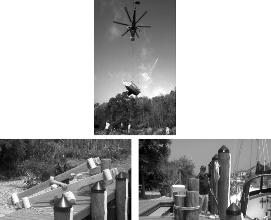 After Hurricane Bob in 1991, above, and fenderboards, at left below. Don Launer reports that during one nor’easter the rubrail of his schooner was just two feet from the top of his dock pilings, shown below.