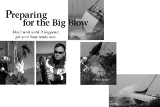 Photos above and facing page taken during Hurricane Gloria in 1985. At left, removing the boom to reduce windage and checking the mooring.