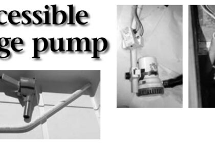 Greg used a heat gun, at left, to bend PVC pipe to fit his bilge. The pump and switch are held to the pipe with clamps, above at left. A thumb-screw release allows for quick access, above at right.
