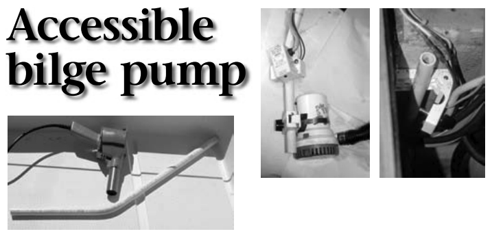 Greg used a heat gun, at left, to bend PVC pipe to fit his bilge. The pump and switch are held to the pipe with clamps, above at left. A thumb-screw release allows for quick access, above at right.