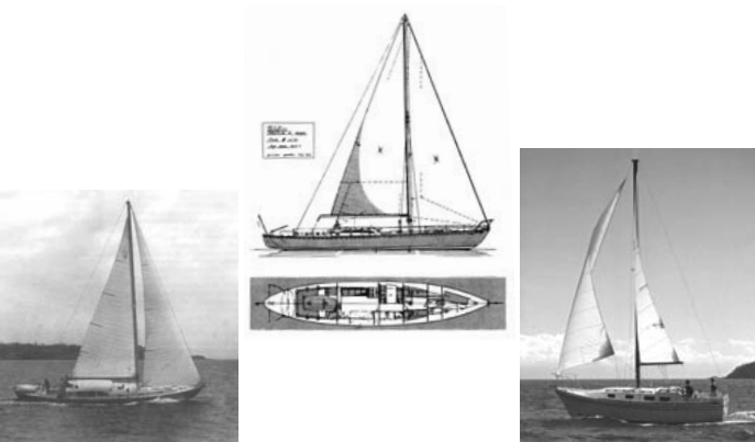 Oceanus, at left and above, the Bill Garden-designed and -owned sloop that first caught young Bob Perry’s eye. Buccaneer, another Garden design, at right