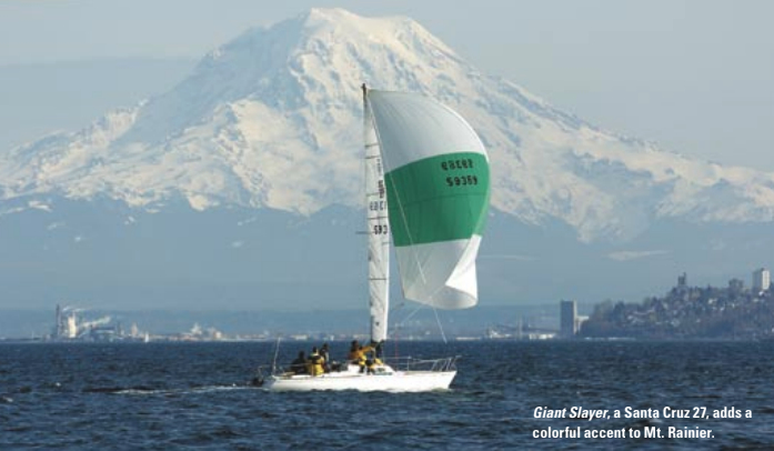Giant Slayer, a Santa Cruz 27, adds a colorful accent to Mt. Rainier.