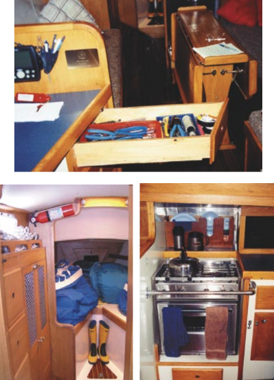 The undercounter drawers, at right, have been extended to store tools. The corridor leading to the forepeak, below left, has been rebuilt to improve storage. Jim Kellam installed a two-burner Seaward propane stove, below right, and created fiddles to stow the dishes.