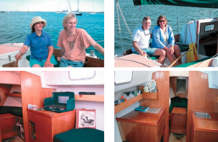 Kate and Mike Whitehead, top left, Jeff and Judy Gove, top right, and the interior of Dovekie, below each. These sailing partners keep Dovekie in Rockland, Maine, with instant access to Penobscot Bay.