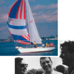 Facing page, Red Jacket, the winner of 11 of 13 races in her first year, making history for C&C Yachts. At right, George Cassian, George Cuthbertson, and Perry Connolly in high spirits in 1969 at the launching of Manitou. Perry Connolly was the original owner of Red Jacket.