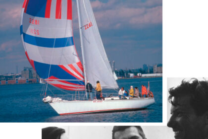 Facing page, Red Jacket, the winner of 11 of 13 races in her first year, making history for C&C Yachts. At right, George Cassian, George Cuthbertson, and Perry Connolly in high spirits in 1969 at the launching of Manitou. Perry Connolly was the original owner of Red Jacket.