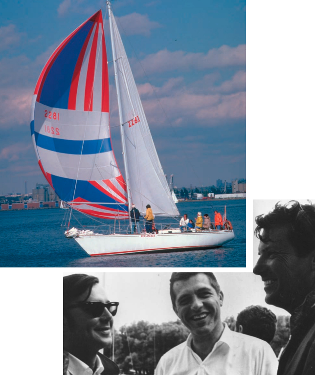 Facing page, Red Jacket, the winner of 11 of 13 races in her first year, making history for C&C Yachts. At right, George Cassian, George Cuthbertson, and Perry Connolly in high spirits in 1969 at the launching of Manitou. Perry Connolly was the original owner of Red Jacket.