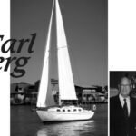 In photo at right: Carl Alberg with Cape Dory Yacht Co. founder Andrew Vavolotis. Facing page: an Alberg 29, Liberty Call, owned by George Kendall, sails on the Albermarle Sound, Outer Banks, North Carolina.