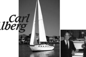 In photo at right: Carl Alberg with Cape Dory Yacht Co. founder Andrew Vavolotis. Facing page: an Alberg 29, Liberty Call, owned by George Kendall, sails on the Albermarle Sound, Outer Banks, North Carolina.