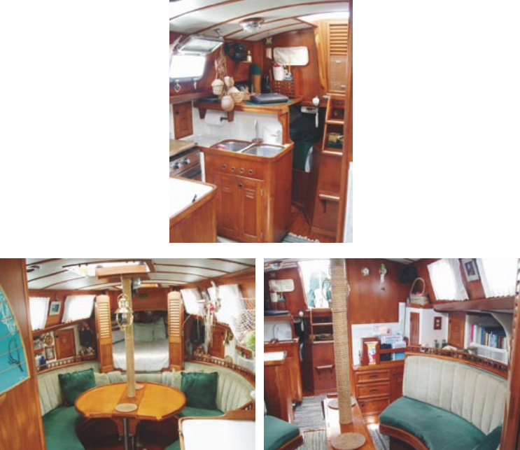 The Cheoy Lee 32 has two variations on the accommodation plan. Zephyr’s layout has the A plan with a distinctive circular settee. The B plan has a more traditional settee and folding table. Otherwise, the two plans are similar with the galley to starboard and the nav station aft.