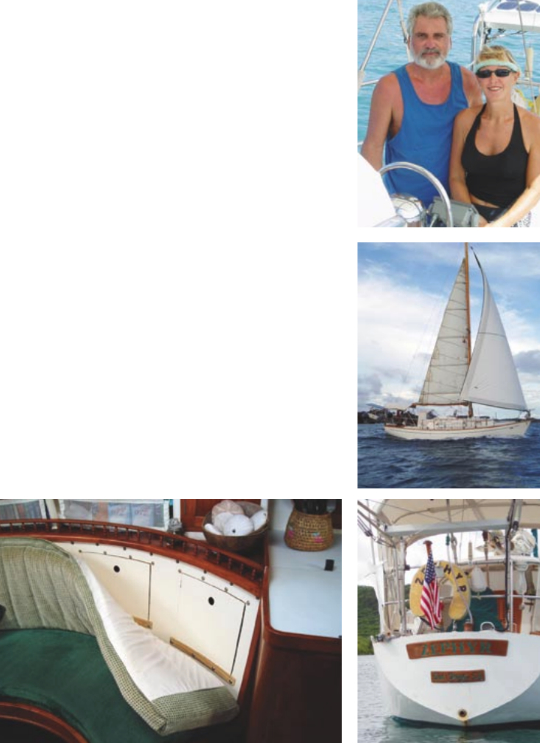 Bruce and Cheryl at home in their cockpit, at right, and under sail, middle right. The Zephyr shows off her carved teak nameboard, below right. Note how Bruce created stowage spaces behind all seatbacks, below left.