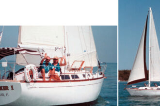 Facing page, Bob and Fran Decker aboard their Cheoy Lee 35, Double Decker, off Key West. They made two Caribbean cruises and lived aboard the sloop for seven years before moving ashore in the Florida Keys. At left, Double Decker, ghosts along in light air. Both licensed captains, the Deckers use the sloop as a vacation getaway in Key West and also offer charter cruises.