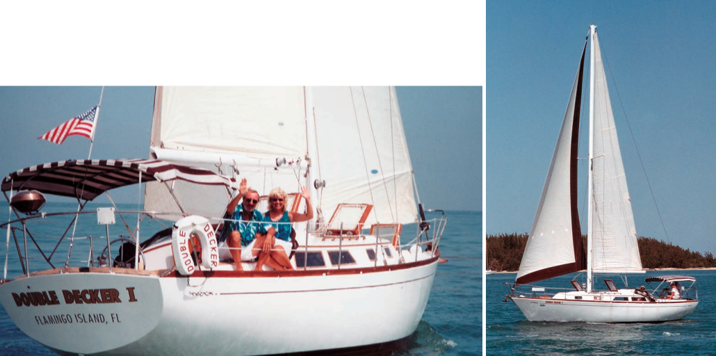 Facing page, Bob and Fran Decker aboard their Cheoy Lee 35, Double Decker, off Key West. They made two Caribbean cruises and lived aboard the sloop for seven years before moving ashore in the Florida Keys. At left, Double Decker, ghosts along in light air. Both licensed captains, the Deckers use the sloop as a vacation getaway in Key West and also offer charter cruises.