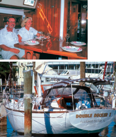 At left, Double Decker’s teak dining table unfolds from the bulkhead to seat six comfortably in the main saloon. Accommodations include a double V-berth forward, berths on the two settees, and a double quarterberth. Below, following a refit, Double Decker is ready for another 20 years. Bob Decker has “fixed, rebuilt, repaired, refitted, and loved every inch of Double Decker” during the 20-some years he has owned the sloop. Last summer, Marathon Boatyard replaced the worn teak deck with fiberglass and Awlgripped the hull, deck, and cabin.