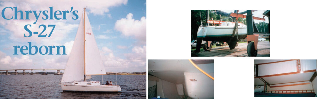 Lotsaknots, a Chrysler S-27, on opposite page and above at launchtime. Arnie and Martha Leonard removed the worn vinyl overhead lining, at left, and replaced it with strips of marine ply, which was then painted white, shown at right.