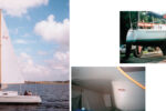 Lotsaknots, a Chrysler S-27, on opposite page and above at launchtime. Arnie and Martha Leonard removed the worn vinyl overhead lining, at left, and replaced it with strips of marine ply, which was then painted white, shown at right.