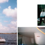 Lotsaknots, a Chrysler S-27, on opposite page and above at launchtime. Arnie and Martha Leonard removed the worn vinyl overhead lining, at left, and replaced it with strips of marine ply, which was then painted white, shown at right.