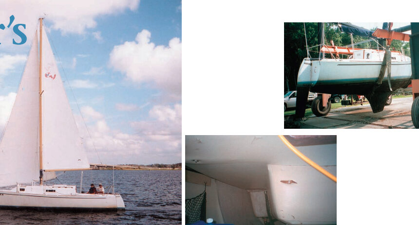 Lotsaknots, a Chrysler S-27, on opposite page and above at launchtime. Arnie and Martha Leonard removed the worn vinyl overhead lining, at left, and replaced it with strips of marine ply, which was then painted white, shown at right.