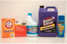 Alkaline: Baking soda; TSP; Clorox; Castrol Super Clean; Easy-Off.